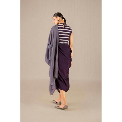 AMPM Abha Purple Pre-Draped Saree With Attached Stitched Blouse And Belt