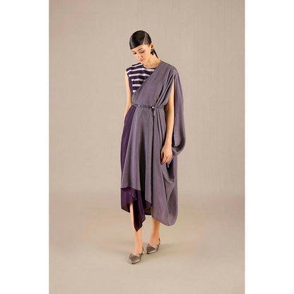 AMPM Abha Purple Pre-Draped Saree With Attached Stitched Blouse And Belt