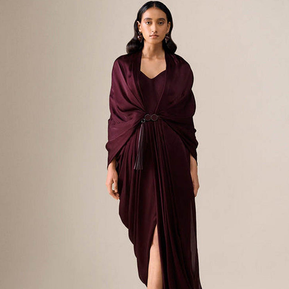 AMPM Ekiya Burgundy Pre-Draped Saree With Attached Stitched Blouse And Belt