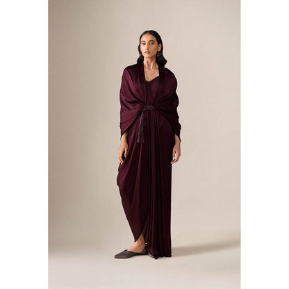 AMPM Ekiya Burgundy Pre-Draped Saree With Attached Stitched Blouse And Belt