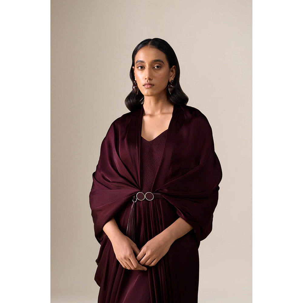AMPM Ekiya Burgundy Pre-Draped Saree With Attached Stitched Blouse And Belt