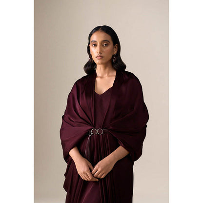 AMPM Ekiya Burgundy Pre-Draped Saree With Attached Stitched Blouse And Belt