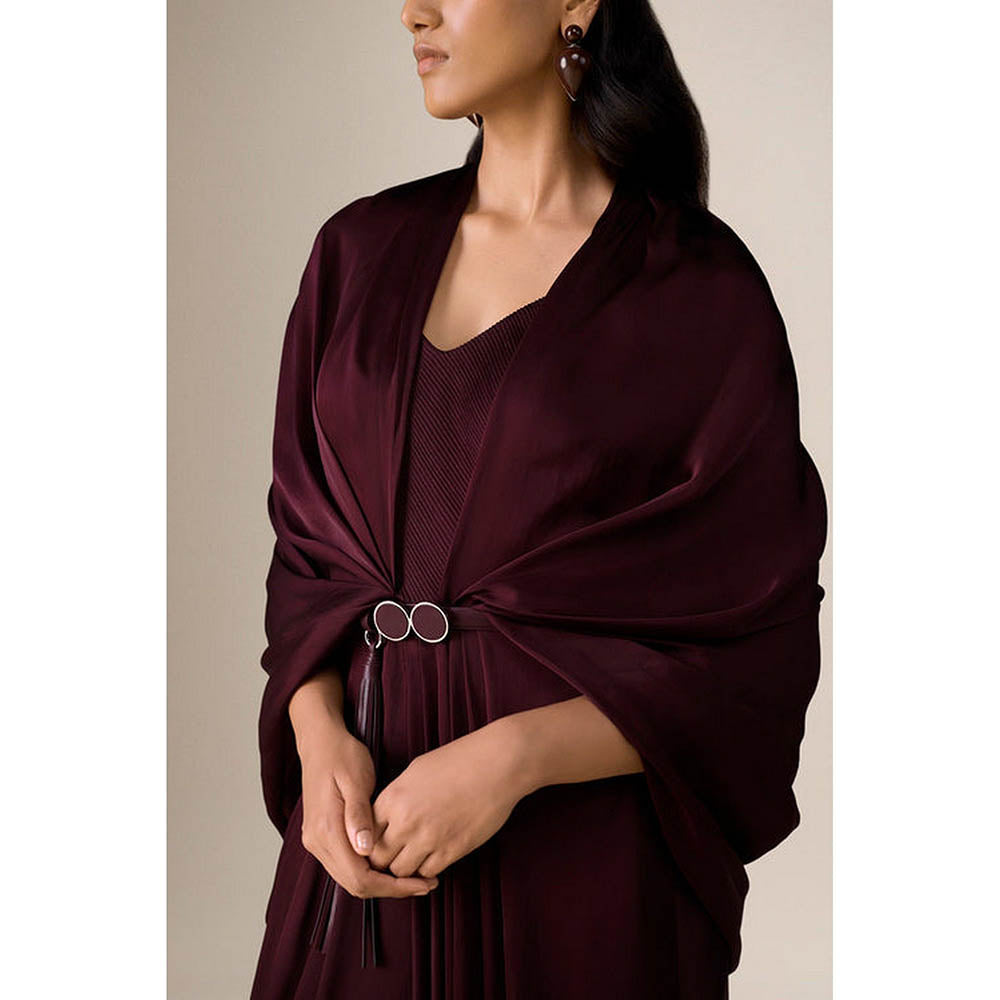 AMPM Ekiya Burgundy Pre-Draped Saree With Attached Stitched Blouse And Belt