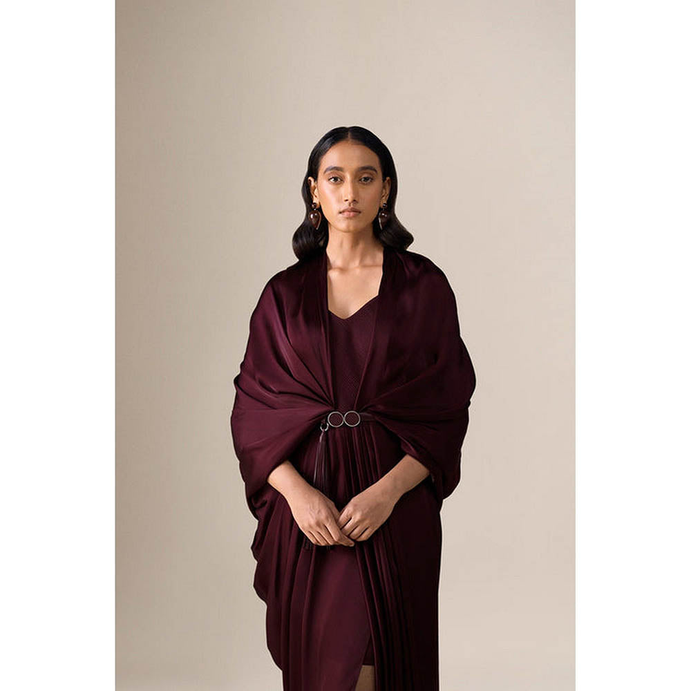 AMPM Ekiya Burgundy Pre-Draped Saree With Attached Stitched Blouse And Belt