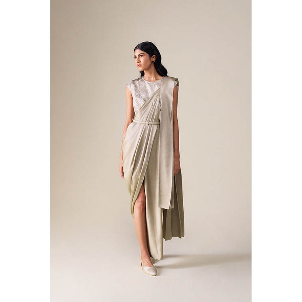 AMPM Imara Grey Pre-Draped Saree With Attached Stitched Blouse And Belt