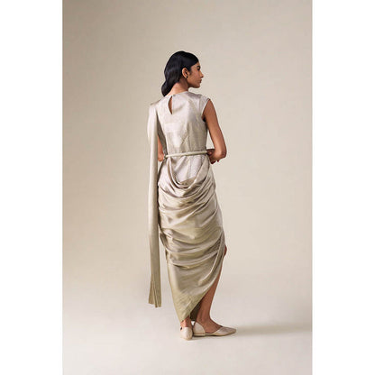 AMPM Imara Grey Pre-Draped Saree With Attached Stitched Blouse And Belt