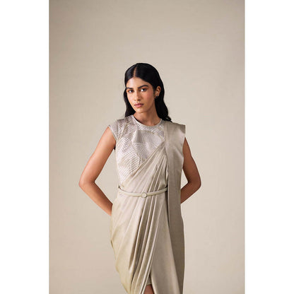 AMPM Imara Grey Pre-Draped Saree With Attached Stitched Blouse And Belt