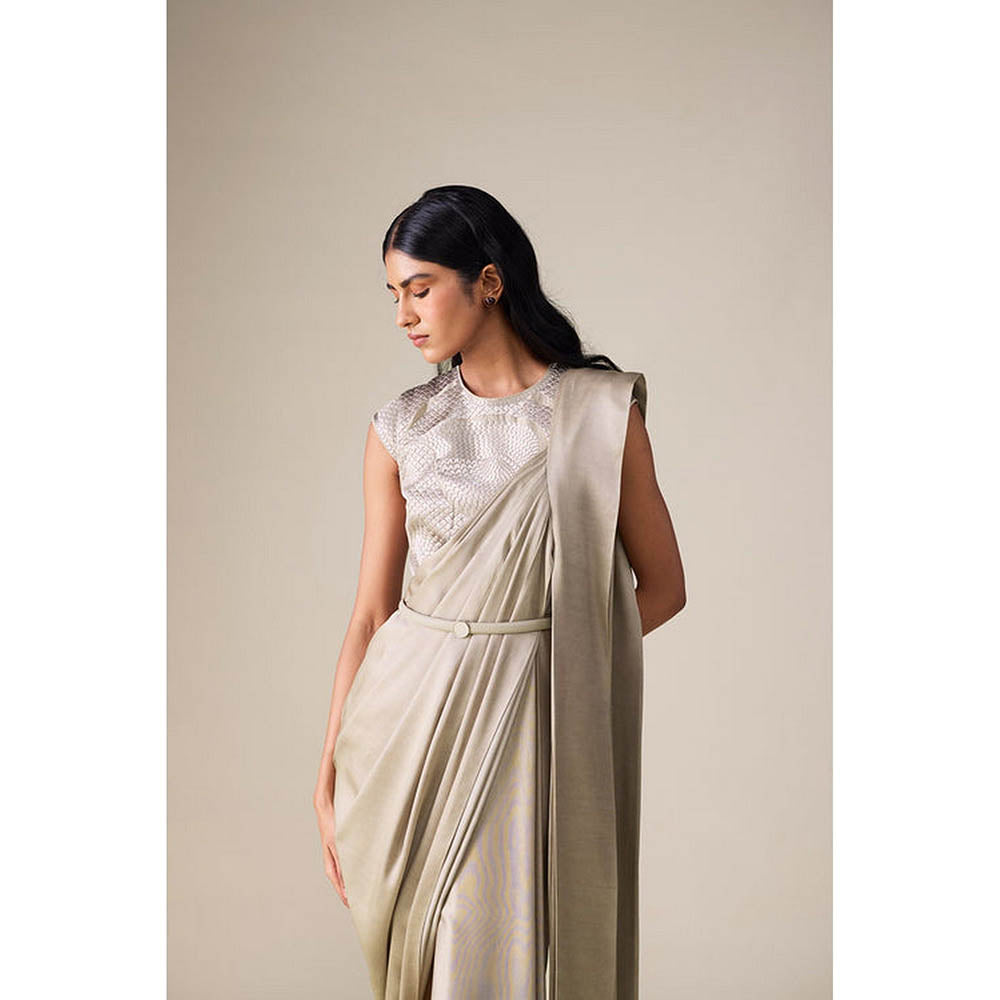 AMPM Imara Grey Pre-Draped Saree With Attached Stitched Blouse And Belt