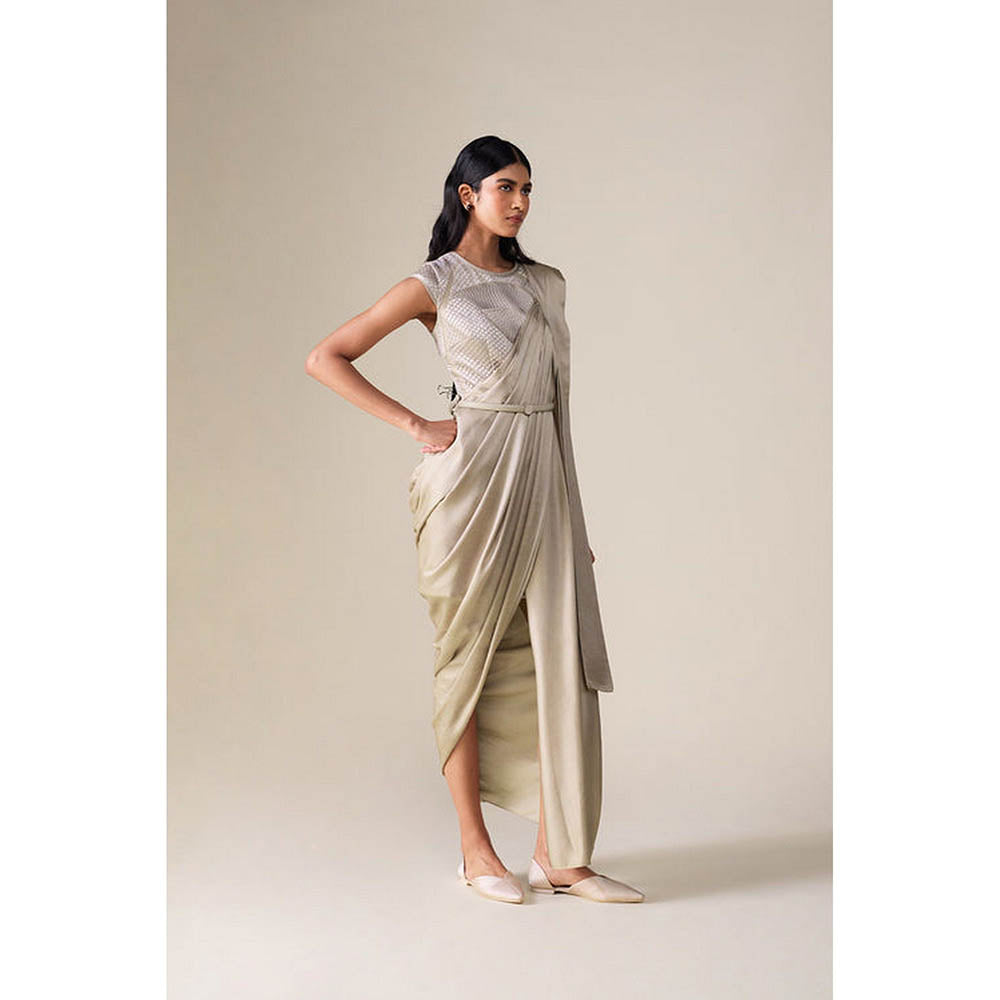 AMPM Imara Grey Pre-Draped Saree With Attached Stitched Blouse And Belt