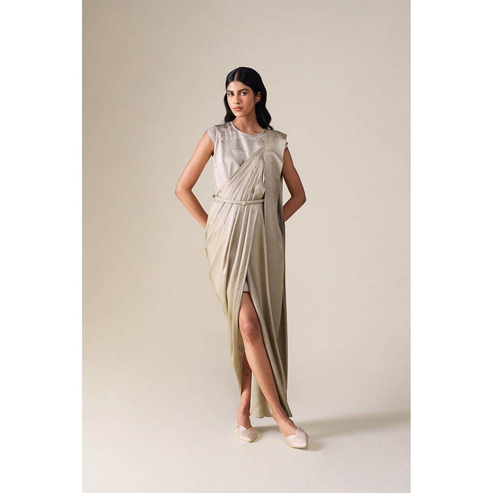 AMPM Imara Grey Pre-Draped Saree With Attached Stitched Blouse And Belt