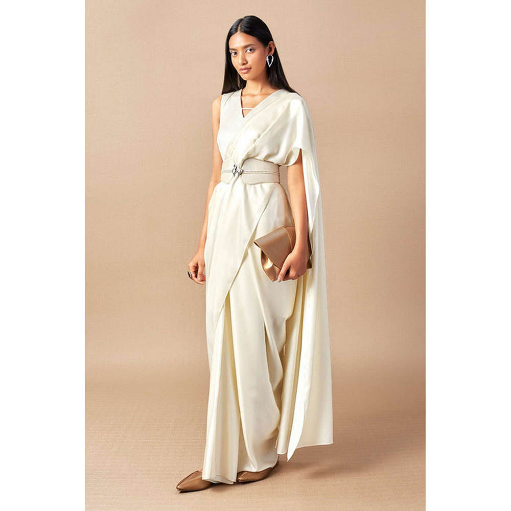 AMPM Aema Ivory Pre-Draped Saree With Attached Stitched Blouse