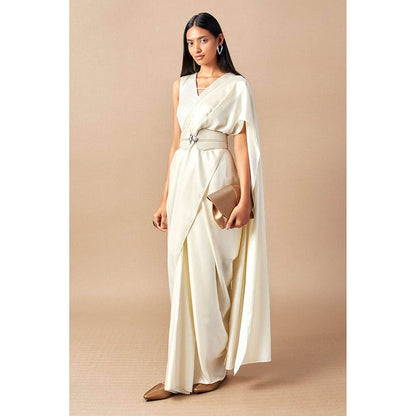 AMPM Aema Ivory Pre-Draped Saree With Attached Stitched Blouse