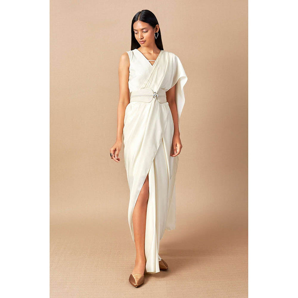 AMPM Aema Ivory Pre-Draped Saree With Attached Stitched Blouse