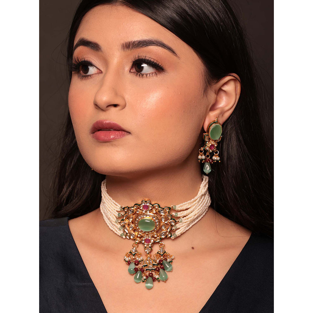 Amreli Jaipur Kundan Choker Necklace with Earrings (Set of 2)