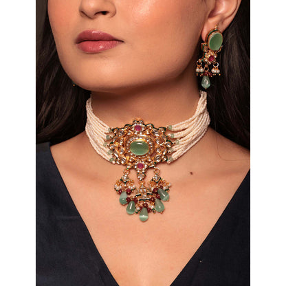 Amreli Jaipur Kundan Choker Necklace with Earrings (Set of 2)
