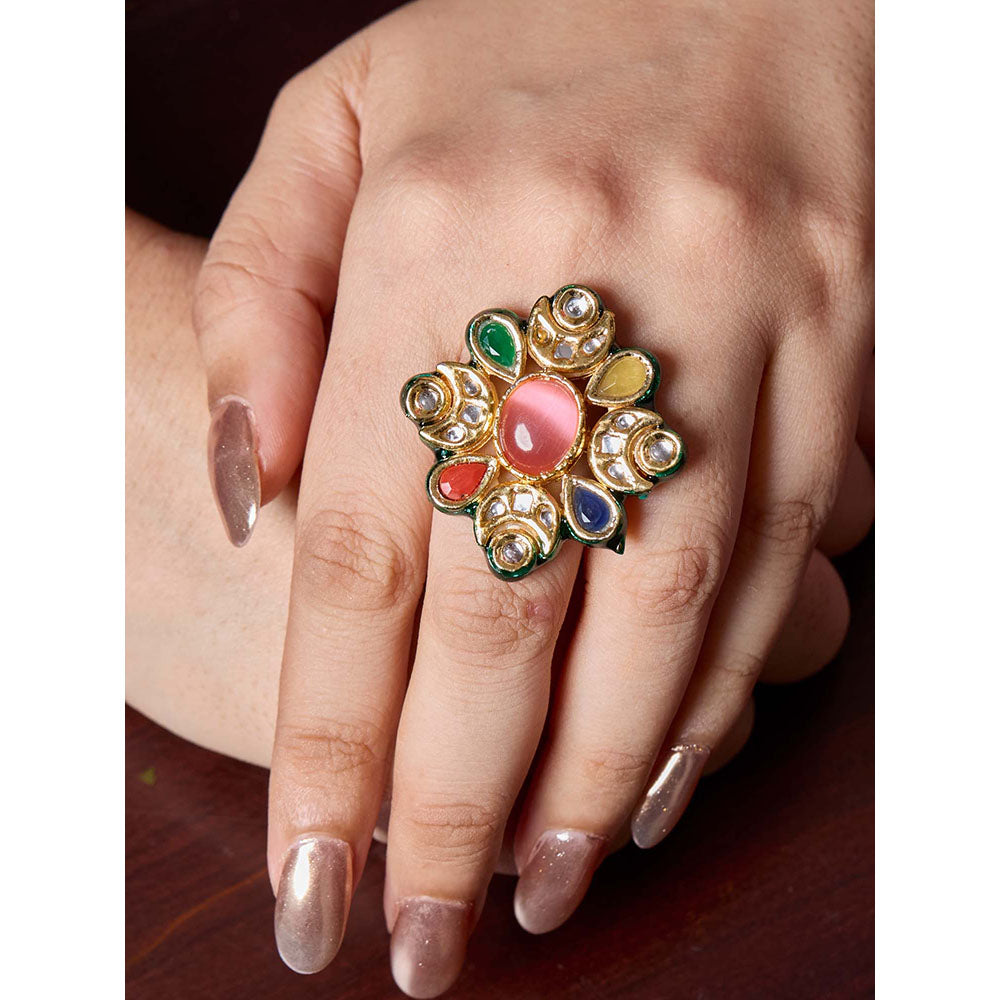 Amreli Jaipur Pink Adjustable Kundan Ring