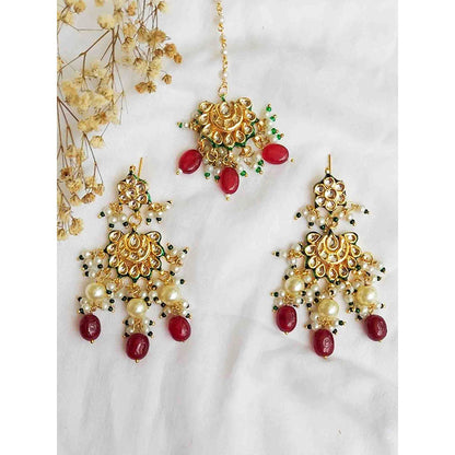 Amreli Jaipur Red Kundan Earrings with Maangtika