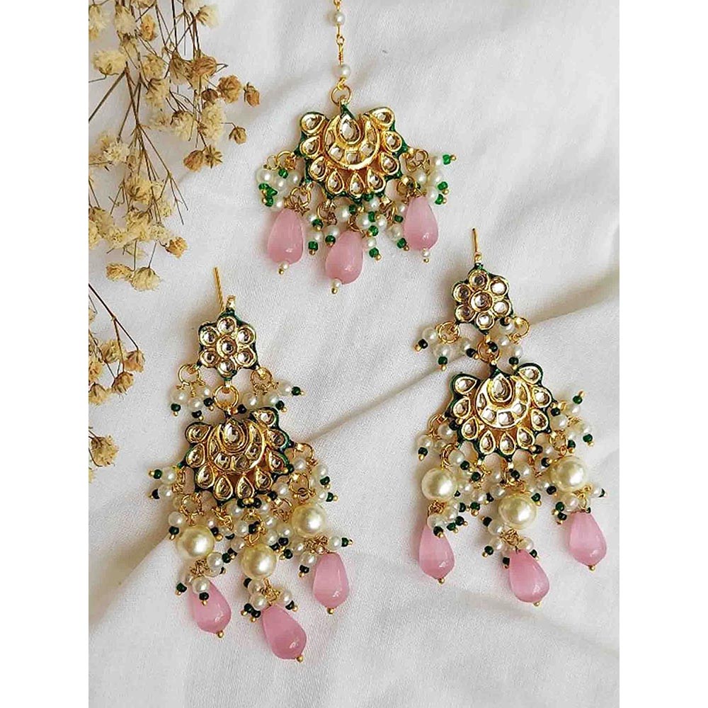 Amreli Jaipur Pink Kundan Earrings with Maangtika