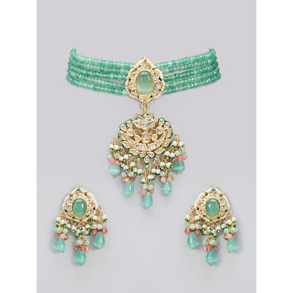 Amreli Jaipur Green Kundan Carving Stone Choker Set