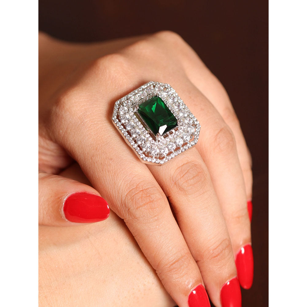 Amreli Jaipur Silver Plated Green American Diamond Ring