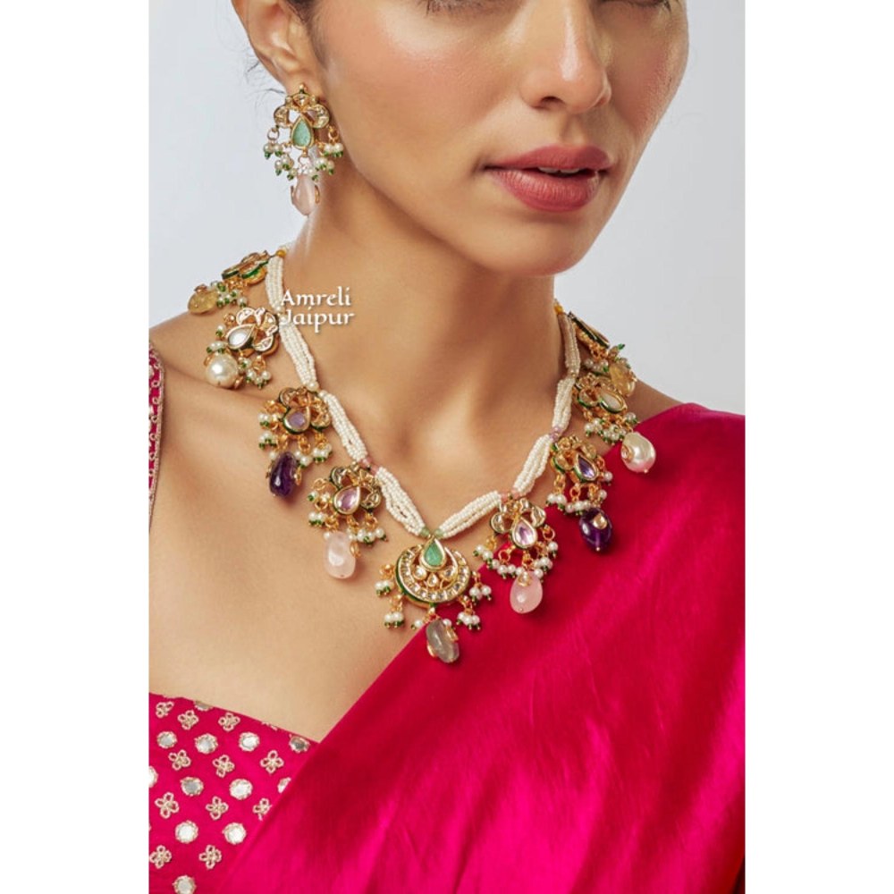 Amreli Jaipur Shariya Navratan White Necklace Set