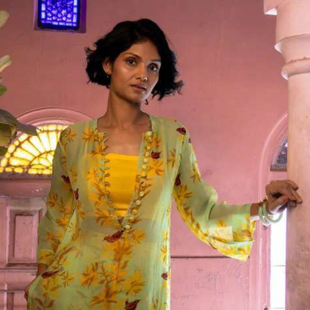 Amrood Yellow Organza Kurta with Bustier and Pant (Set of 3)