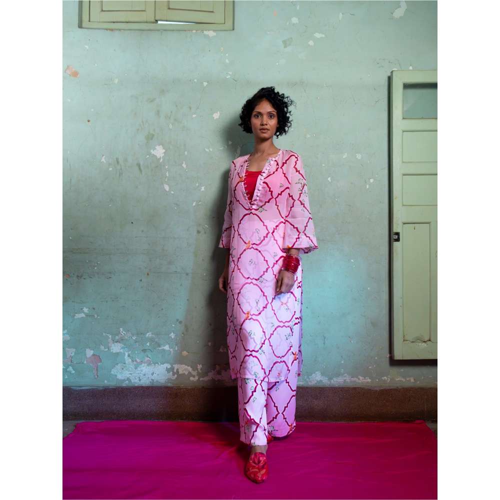 Amrood Pink Front Button Organza Kurta with Bustier and Pant (Set of 3)