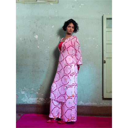 Amrood Pink Front Button Organza Kurta with Bustier and Pant (Set of 3)