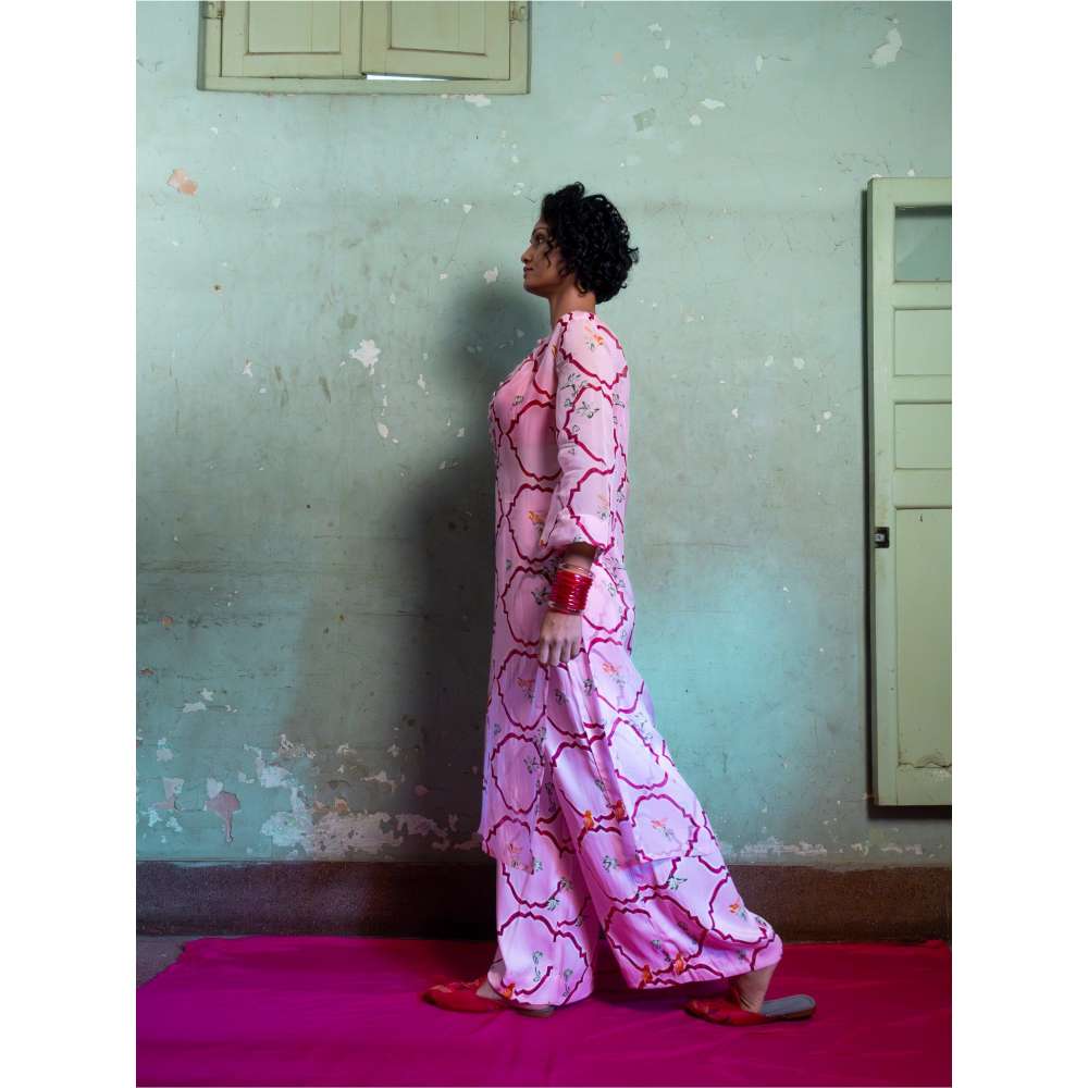 Amrood Pink Front Button Organza Kurta with Bustier and Pant (Set of 3)