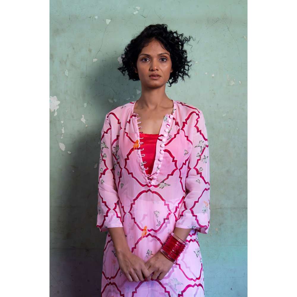 Amrood Pink Front Button Organza Kurta with Bustier and Pant (Set of 3)