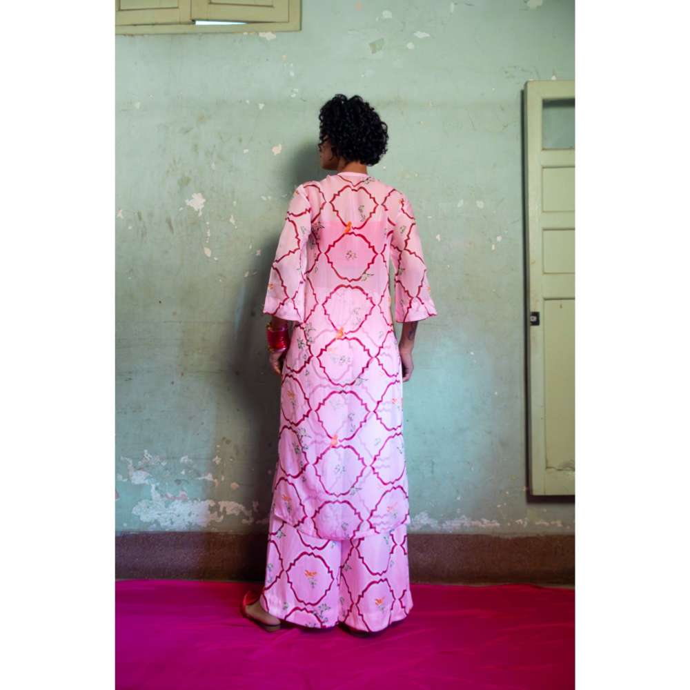 Amrood Pink Front Button Organza Kurta with Bustier and Pant (Set of 3)