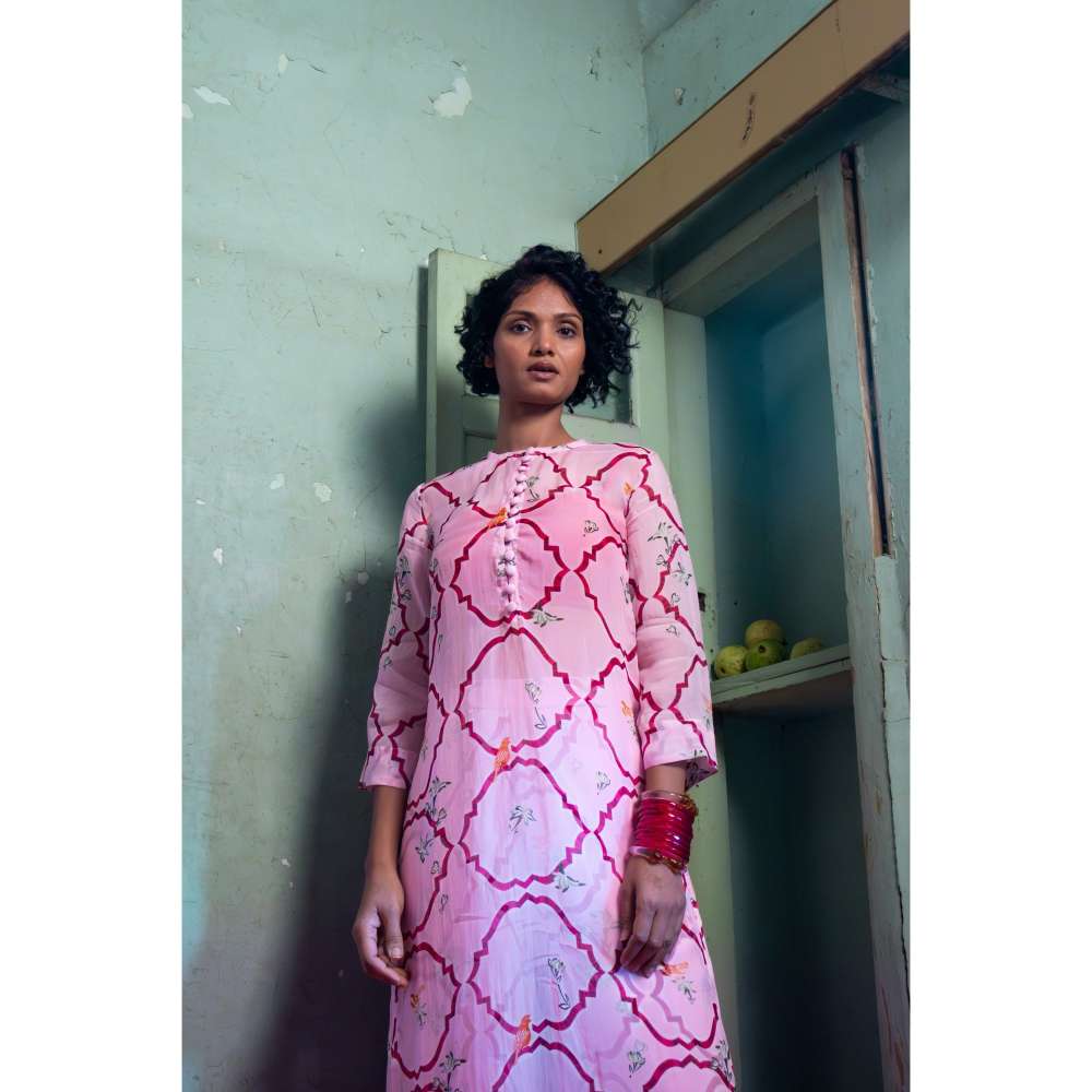 Amrood Pink Front Button Organza Kurta with Bustier and Pant (Set of 3)