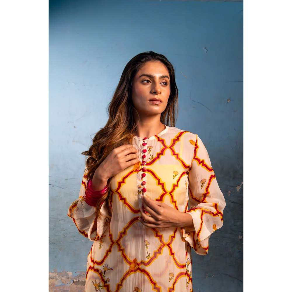 Amrood Yellow Front Button Organza Kurta with Bustier and Pant (Set of 3)