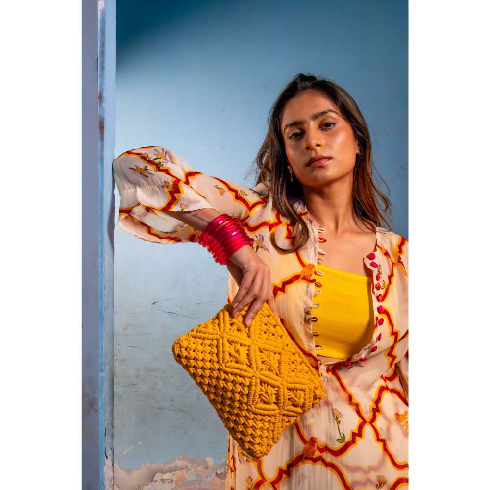 Amrood Yellow Front Button Organza Kurta with Bustier and Pant (Set of 3)