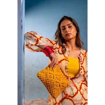 Amrood Yellow Front Button Organza Kurta with Bustier and Pant (Set of 3)