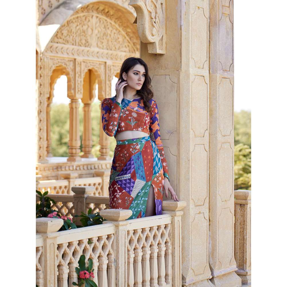 Amrood Multi-Colour Crop Top with Skirt (Set of 2)