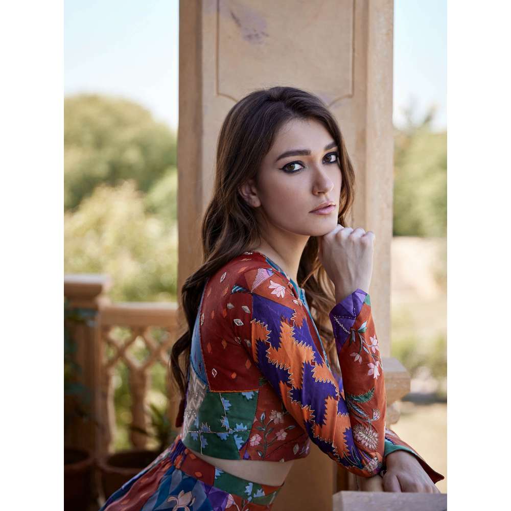 Amrood Multi-Colour Crop Top with Skirt (Set of 2)