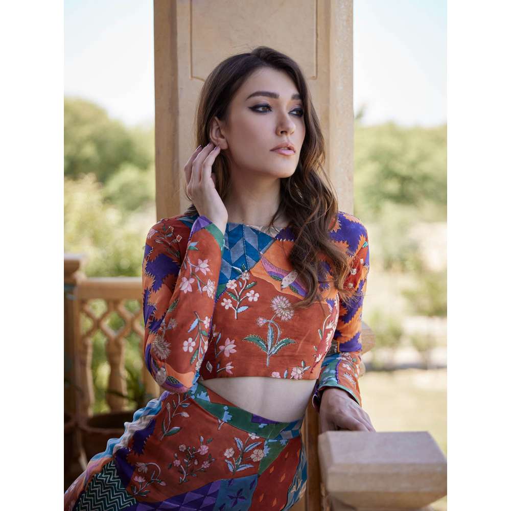 Amrood Multi-Colour Crop Top with Skirt (Set of 2)