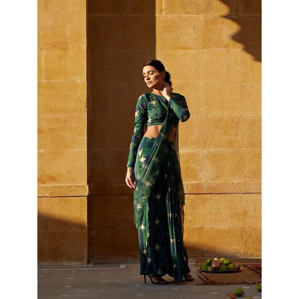 Amrood Green Pre-Draped Saree with Stitched Blouse