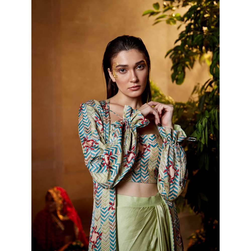 Amrood Beige Crop Top with Jacket and Skirt (Set of 3)