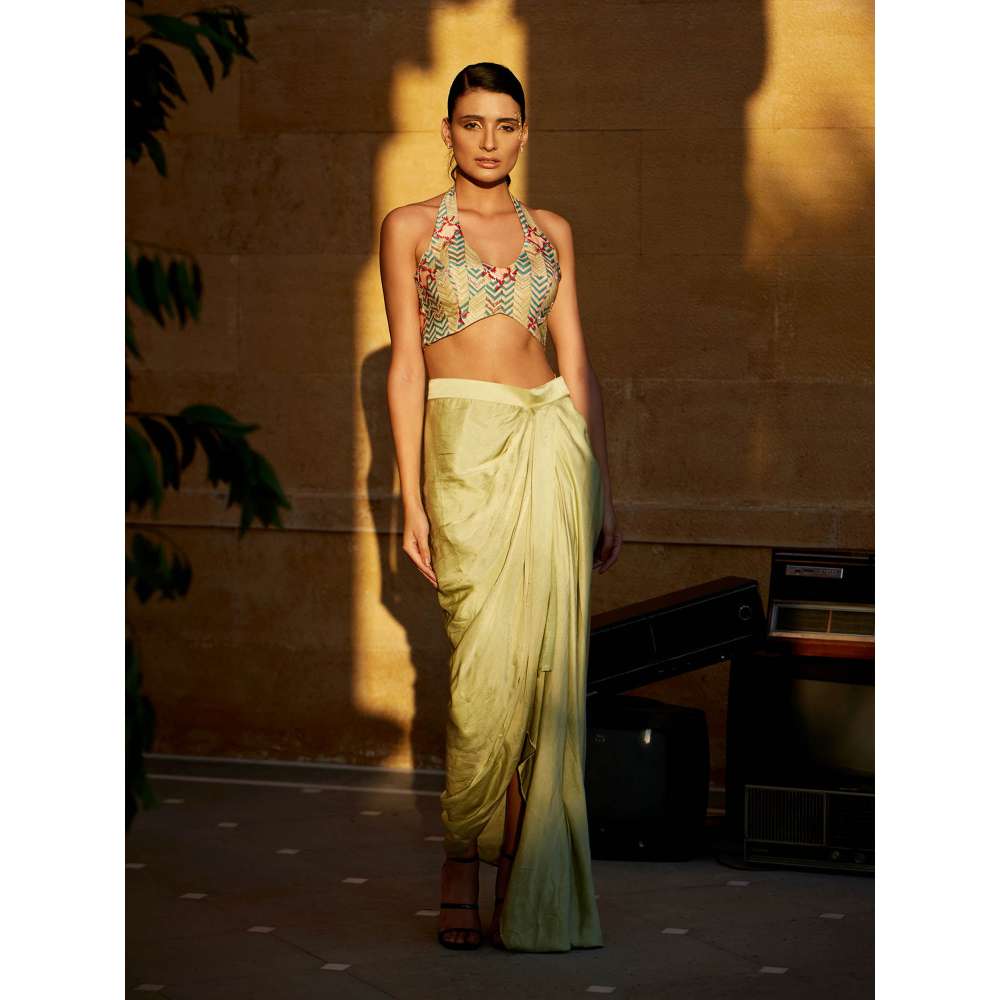 Amrood Beige Crop Top with Skirt (Set of 2)