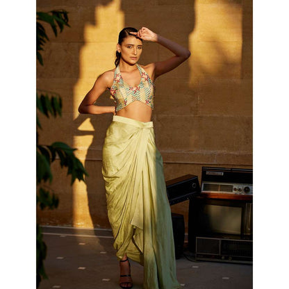 Amrood Beige Crop Top with Skirt (Set of 2)