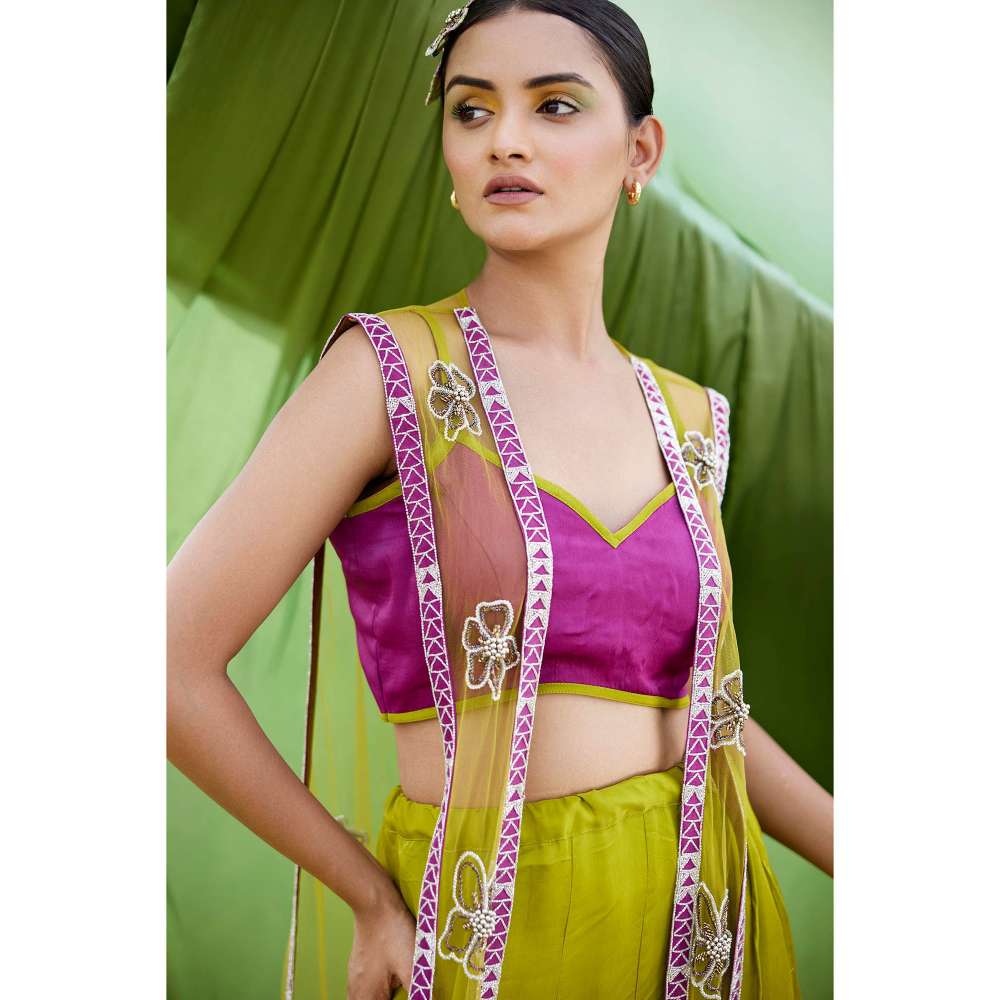 Amrood Green Blouse with Lehenga and Jacket (Set of 3)