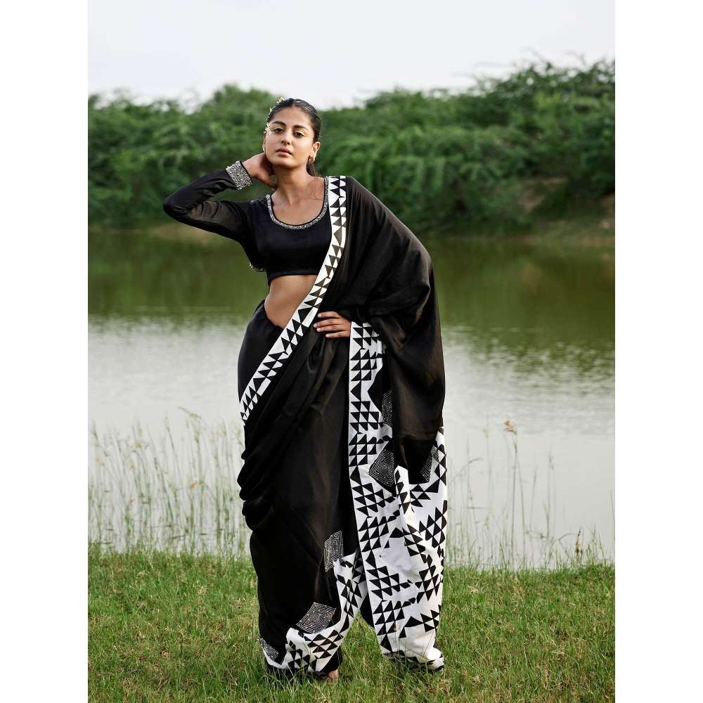 Amrood Black Saree with Stitched Blouse