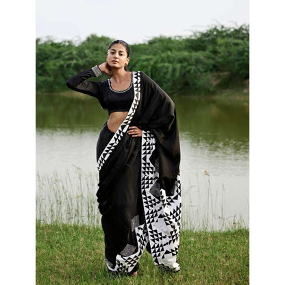 Amrood Black Saree with Stitched Blouse