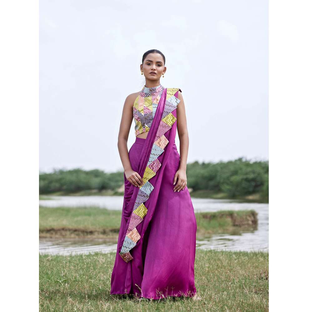 Amrood Pink Pant with Attached Draped and Crop Top (Set of 2)