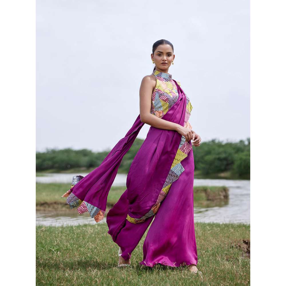 Amrood Pink Pant with Attached Draped and Crop Top (Set of 2)