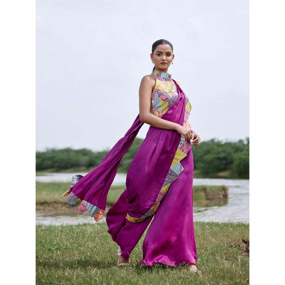 Amrood Pink Pant with Attached Draped and Crop Top (Set of 2)