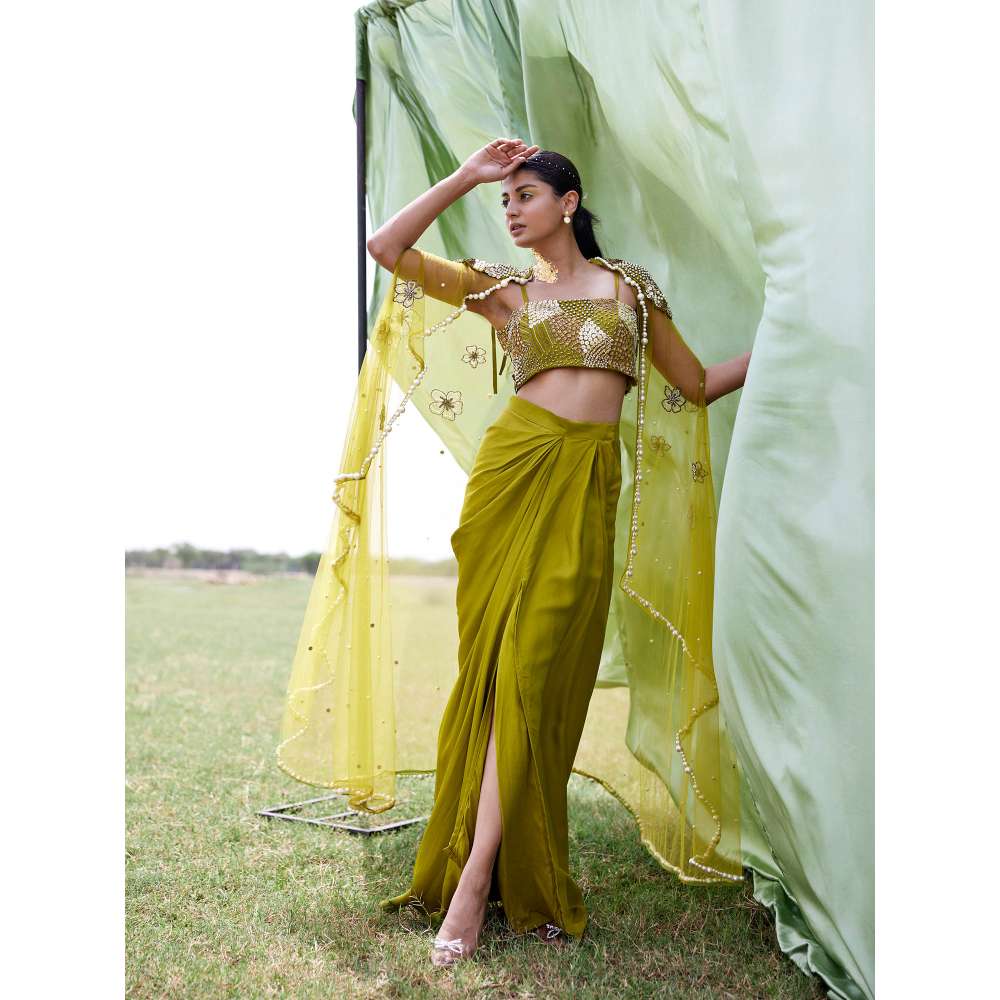 Amrood Green Crop Top with Skirt and Cape (Set of 3)