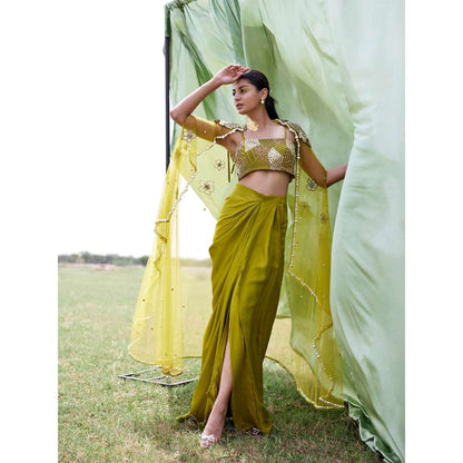 Amrood Green Crop Top with Skirt and Cape (Set of 3)